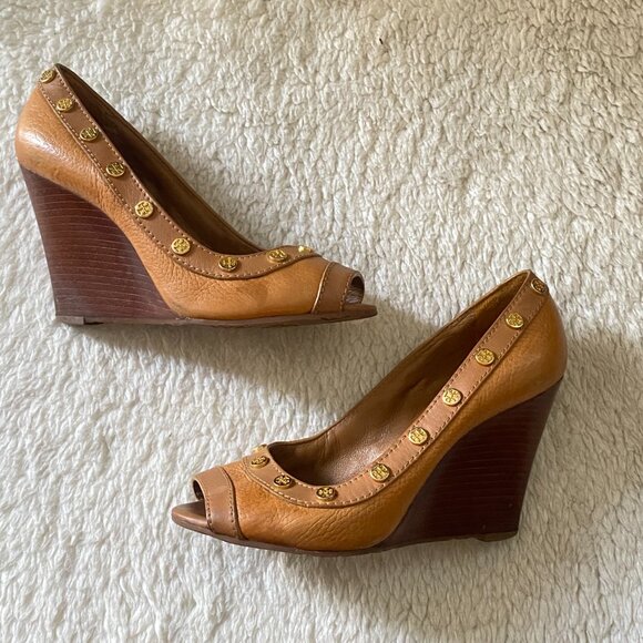 Tory Burch Royal Tan Leather Wedge Peep-Toe Sandals – Women’s 6.5 - Picture 5 of 16